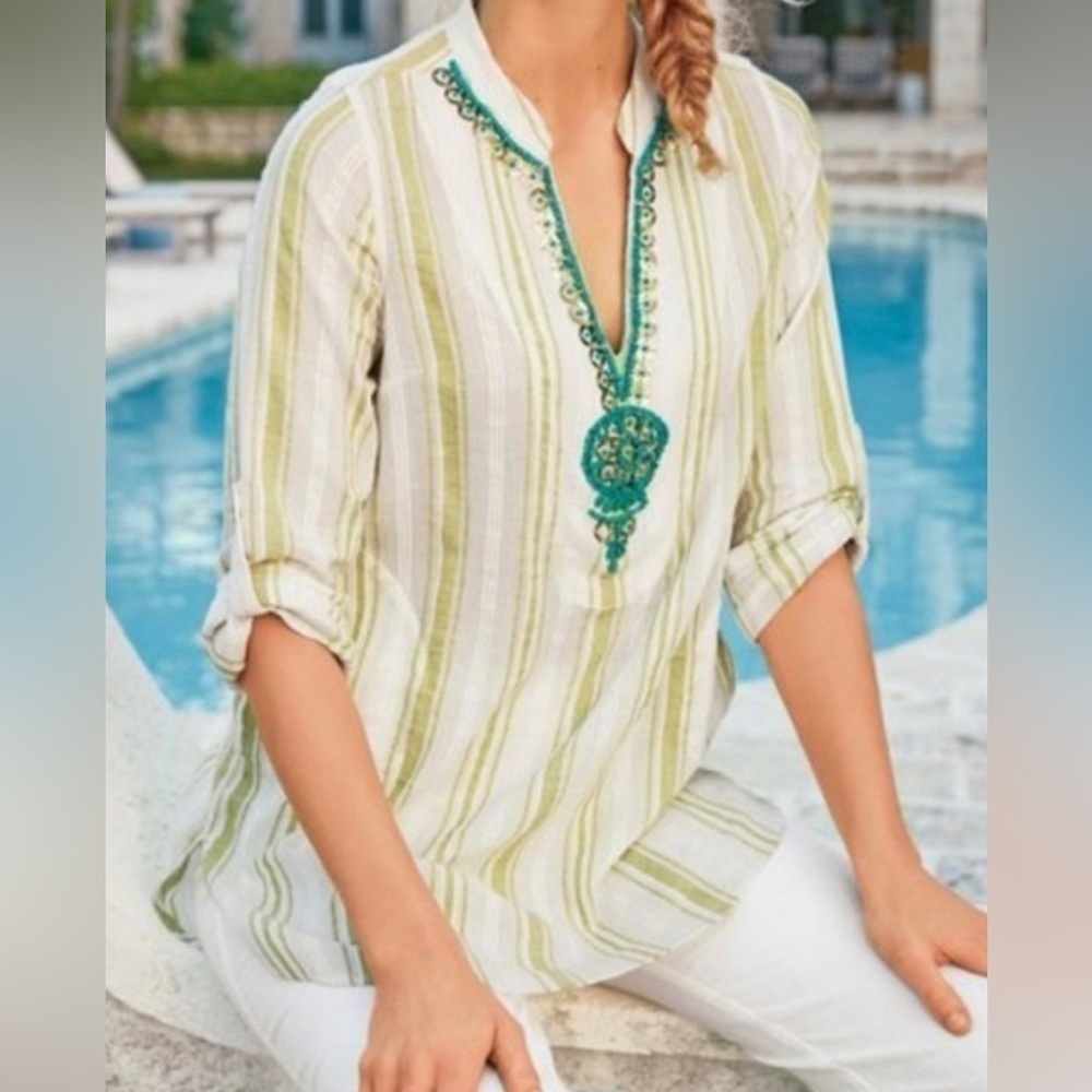 Soft Surroundings Elisha Tunic Green Striped Gauze Cotton Turquoise Bead Trim